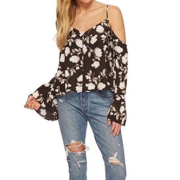 J.O.A. Tops - J.O.A. Floral Cold Shoulder Flutter Button Front Blouse XS Revolve